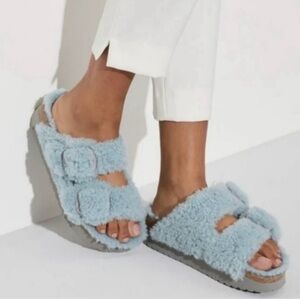 Birkenstock Papillio Blue and Gray Plush Faux Fur Slippers Shoes Sandals